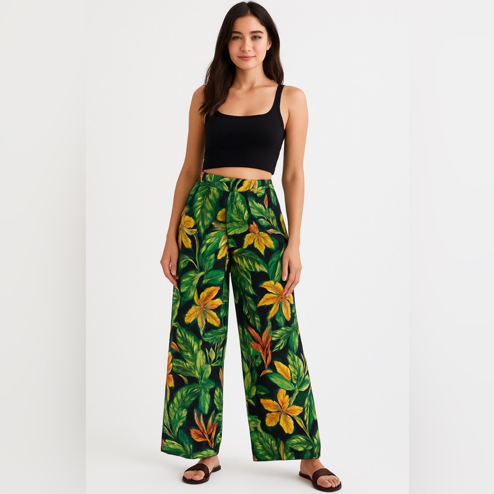 🦋Nicole Miller 100% Linen Tropical Wide Leg Pants